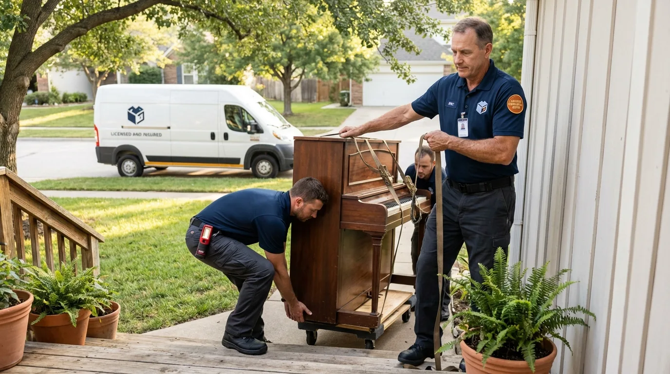 Licensed piano movers securing grand piano in Camuy, PR