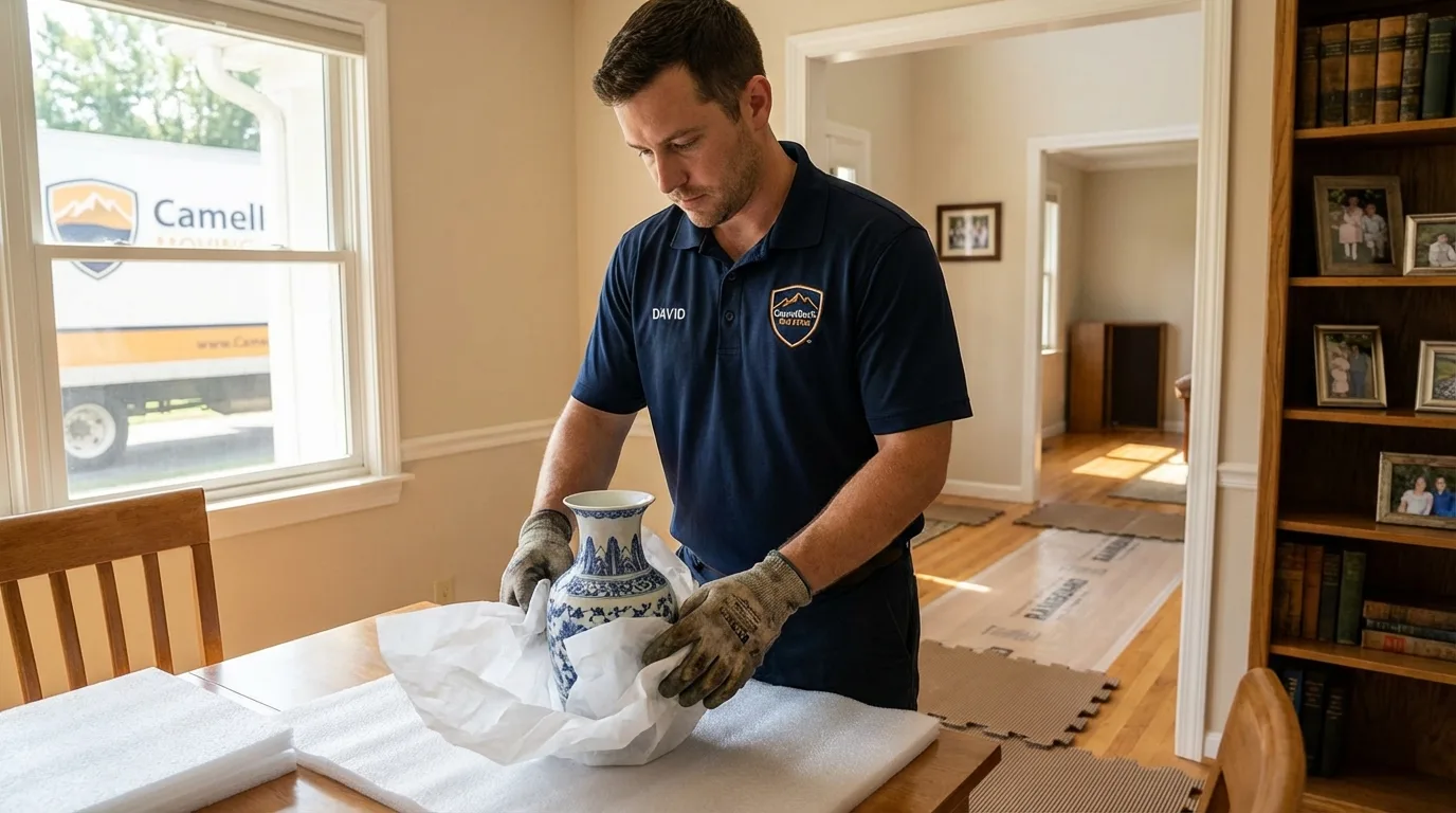 Professional crew carefully wrapping antique vase for senior downsizing move in Camuy, PR