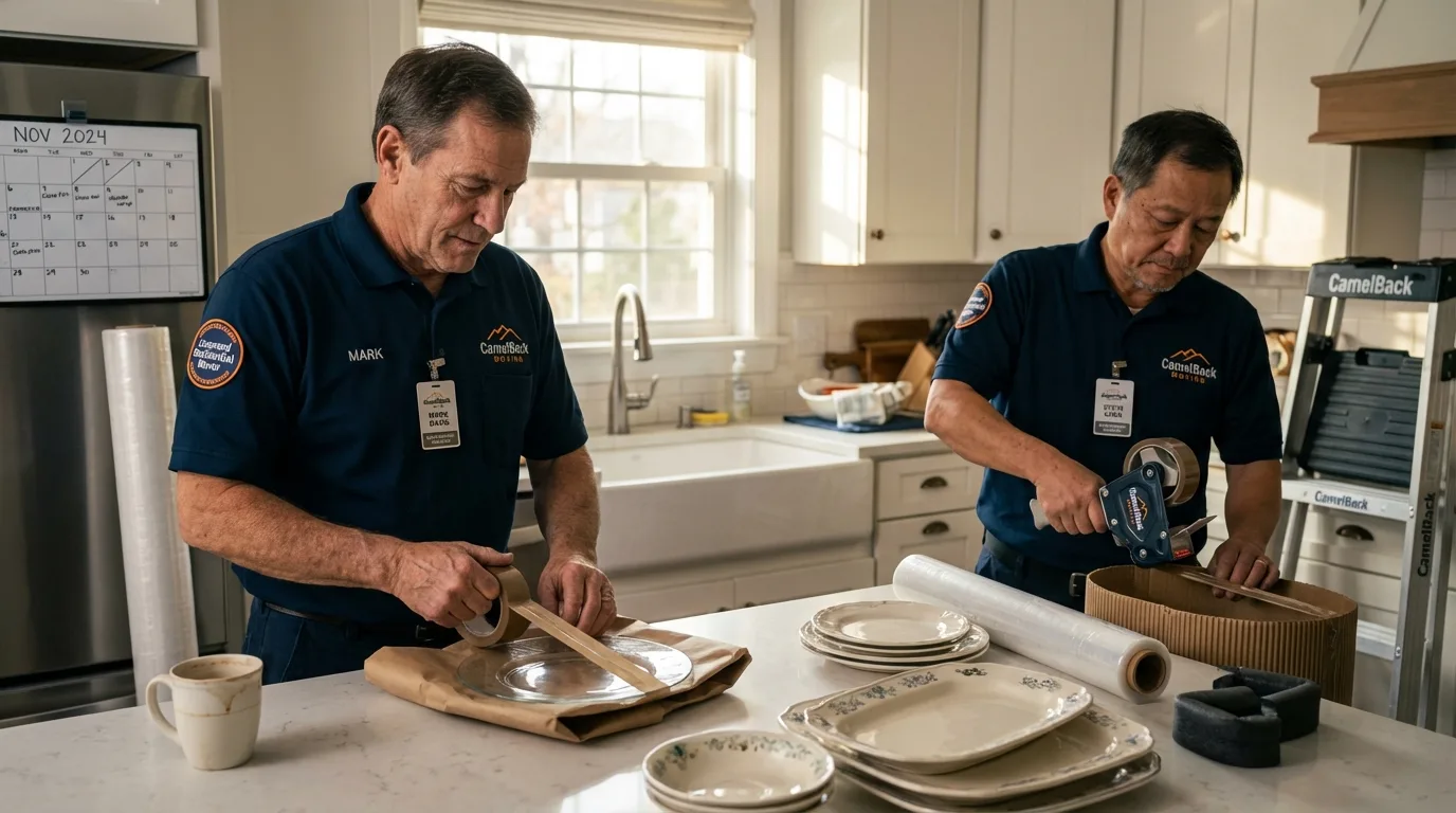 Professional crew packing kitchen dishware in Camuy, PR